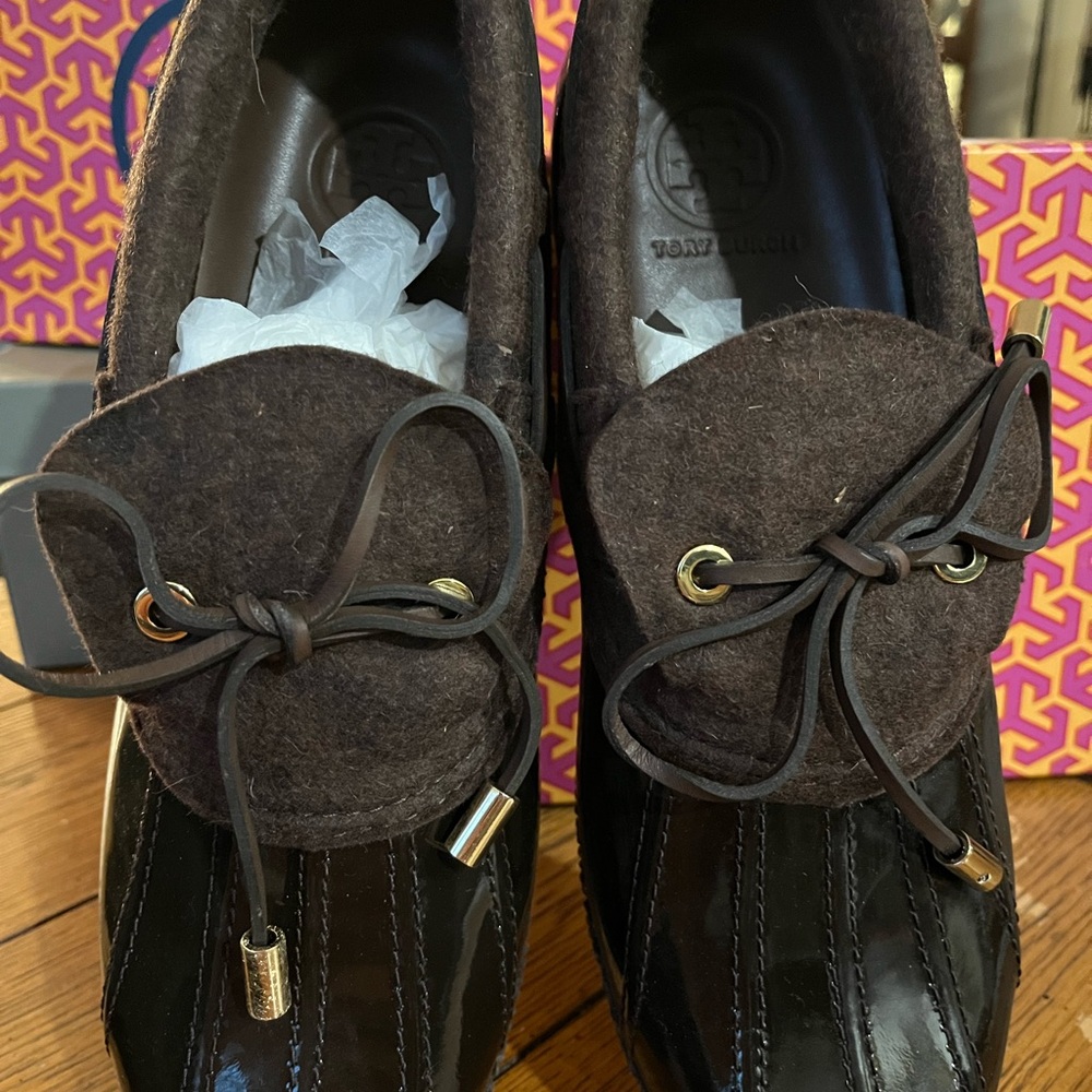 Tory Burch Black and Brown Duck Boots with Bow Detail